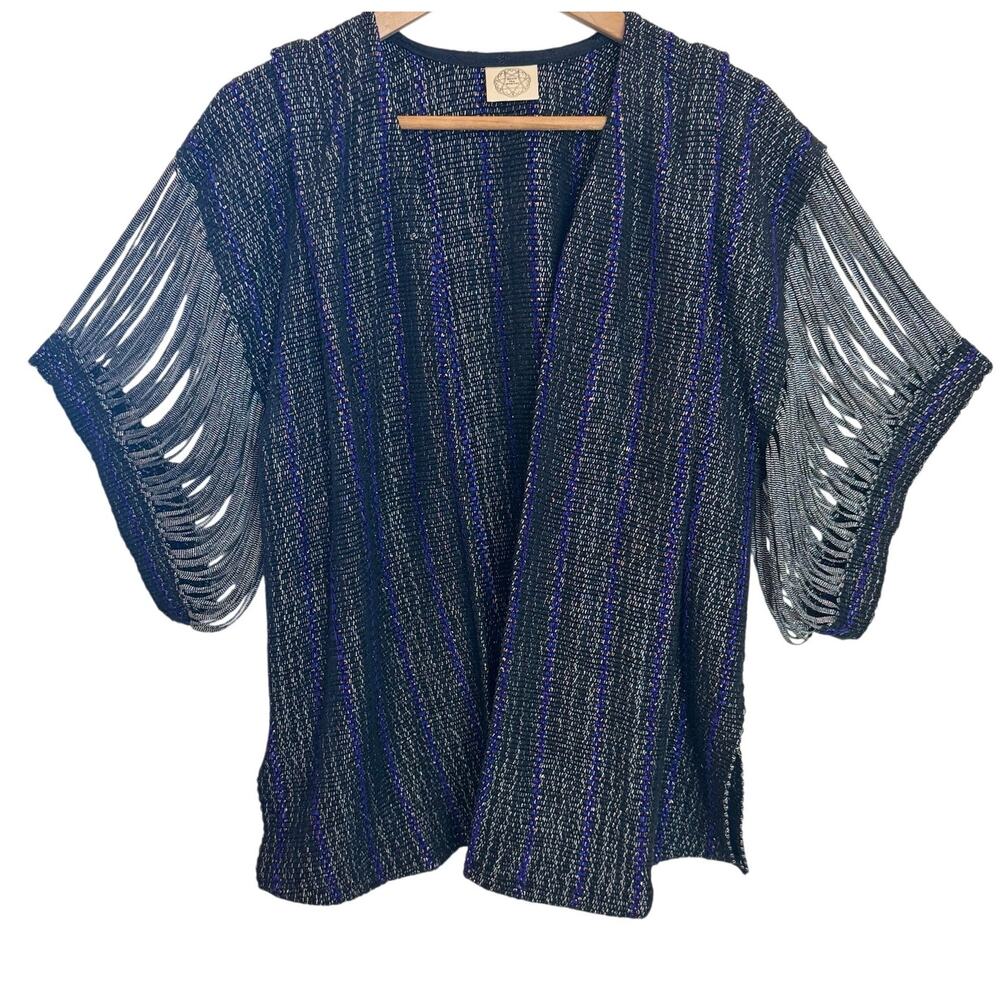Genie the Weaver Boho Knit Open Front Cardigan Kimono Black Purple Metallic L